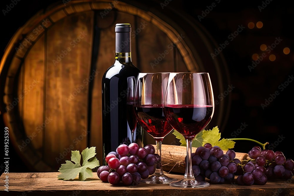 A bottle of red wine next to two poured glasses and bunches of grapes on wine barrels background.