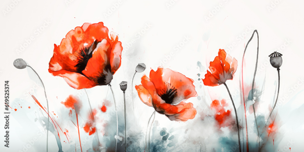 Red blooming poppy flowers in watercolor painting style. Generative AI. - obrazy, fototapety, plakaty 