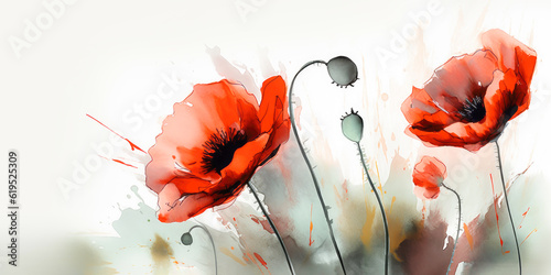Fototapeta Naklejka Na Ścianę i Meble -  Red blooming poppy flowers in watercolor painting style. Generative AI.