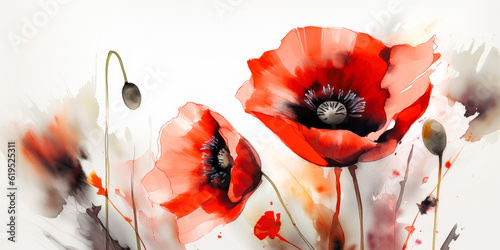 Fototapeta Naklejka Na Ścianę i Meble -  Red blooming poppy flowers in watercolor painting style. Generative AI.