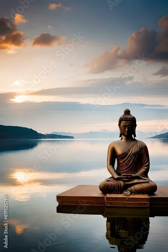 Meditating buddha statue on the sunset