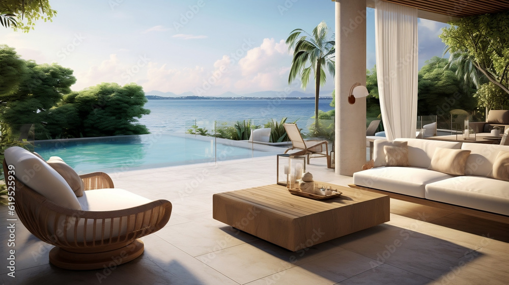 Fototapeta premium Luxury terrace with breath-taking view of the sea lagoon