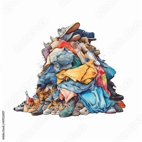 mountain of discarded clothes, textile waste, consumption problems and "fast fashion", Discarded things, pollution of the planet with synthetic products. Generative AI 