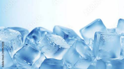 Ice cubes on blue background. Concept of cold drinks. Concept of ice cubes pile mockup.
