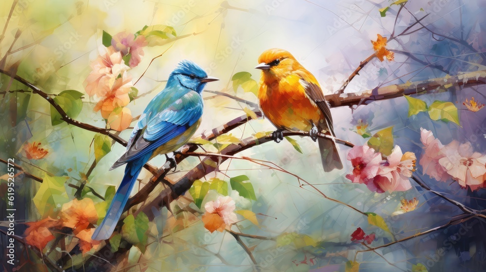 A symphony of birdsong fills the air as vibrant avian creatures flit among dense treetops. Their melodies harmonizing with the rustling leaves. Watercolor Painting. Generative AI