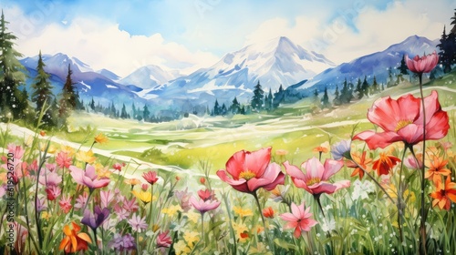 Fototapeta Naklejka Na Ścianę i Meble -  Alpine meadows awaken with the arrival of spring. A carpet of blooming wildflowers painting the landscape with a riot of colors and fragrances. Watercolor Painting. Generative AI