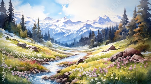 Alpine meadows awaken with the arrival of spring. A carpet of blooming wildflowers painting the landscape with a riot of colors and fragrances. Watercolor Painting. Generative AI