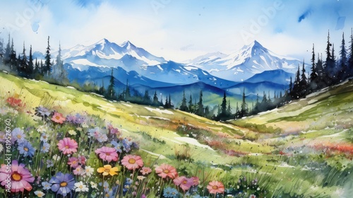 Alpine meadows awaken with the arrival of spring. A carpet of blooming wildflowers painting the landscape with a riot of colors and fragrances. Watercolor Painting. Generative AI