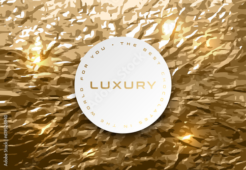 Gold crumpled foil background, white circle center banner. Aluminum foil as luxury background for design. Vector texture of crumpled foil. Crumpled candy wrapper. Golden texture with metallic luster