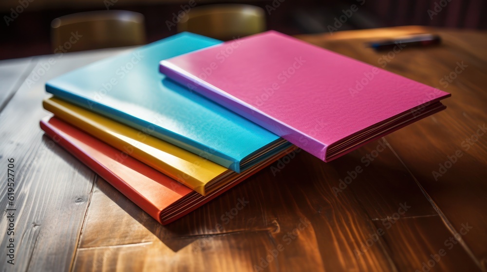 Stack of colorful books on wooden table Stack of colorful books on wooden table