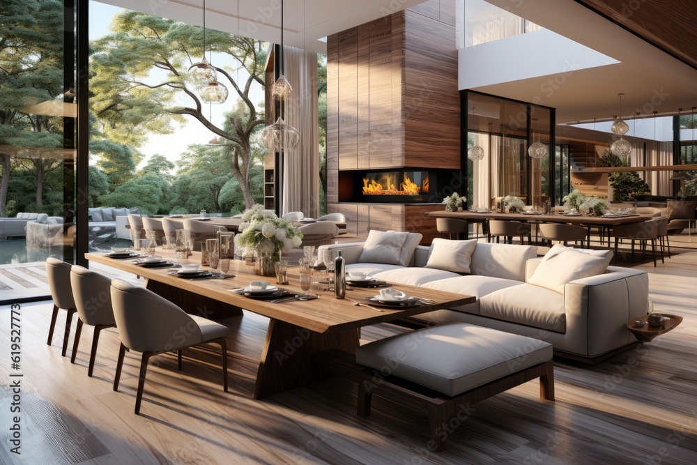 Beautiful living room interior in new luxury home, dining room, and wall of windows with amazing exterior.