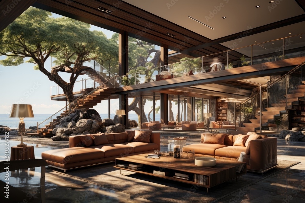 Fototapeta premium Contemporary living room loft interior, Luxury living room with nature in new home.