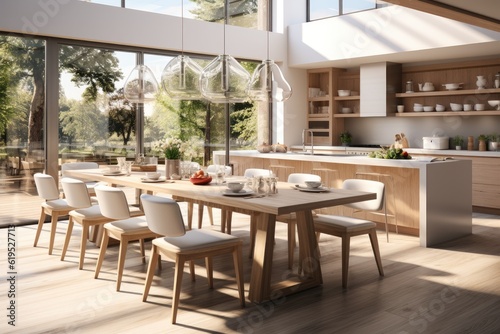 Stylish kitchen interior with wooden table and chairs, Stylish kitchen interior, Scandinavian dining room.