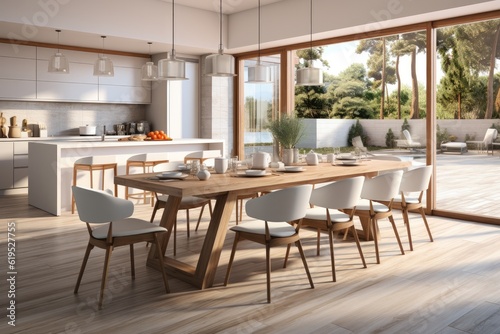 Stylish kitchen interior with wooden table and chairs, Stylish kitchen interior, Scandinavian dining room.