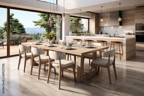 Stylish kitchen interior with wooden table and chairs, Stylish kitchen interior, Scandinavian dining room. © visoot
