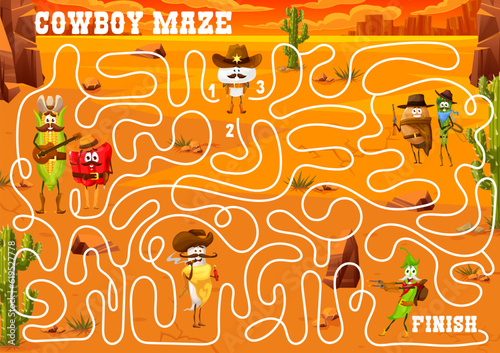 Labyrinth maze game cartoon cowboy, sheriff and bandit vegetable characters. Kids vector worksheet with corn, mushroom, bell pepper and radish. Potato, asparagus and bean in Texas desert with cacti
