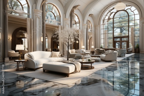Grand luxury hotel reception hall, grand ballrooms and opulent decor.