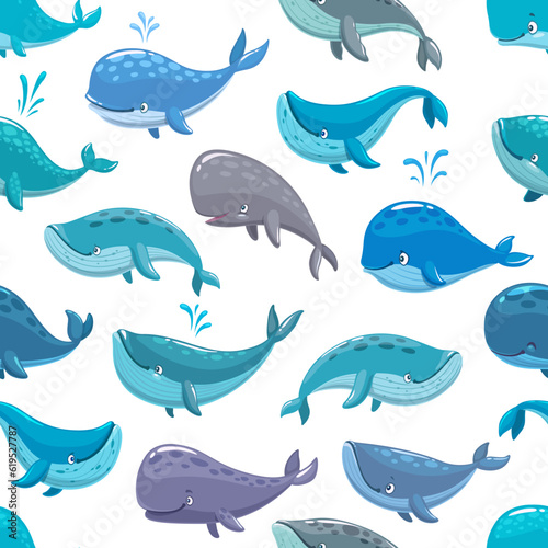 Cartoon whale characters seamless pattern. Vector repeated background with cute water animals. Sea or ocean creatures with fountains on white backdrop. Marine summer ornament for textile or wallpaper