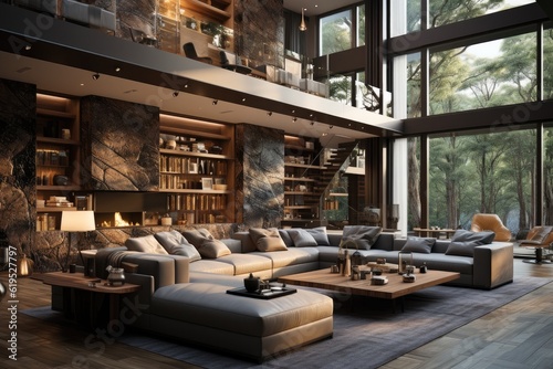 Living room of luxury eco house, parquet floor and wooden roof trusses, Panoramic window with nature, Modern interior design. © visoot