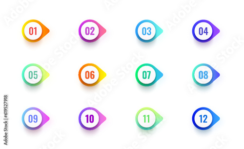 Number bullet points, tags, icons and buttons. Bullet or numbered list vector markers set. Isolated colorful numbers in modern gradient frames with shadow. Presentation and infographics elements