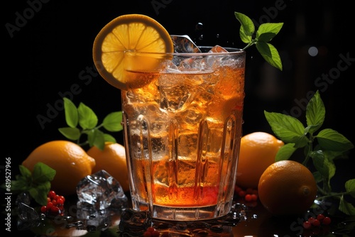 Glass of Aperol Spritz cocktail with ice and orange on a black background  Fresh alcoholic cocktail.