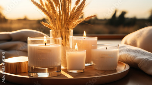 Candle on wooden table near natural decor, Ethnic packaging mockup, Home decorations in Bohemian or scandinavian style.