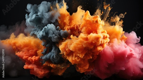 Black and yellow powder explosion, Colored cloud, Black dust explode, Paint Holi, Bomb smoke background, Smoke caused by explosions.