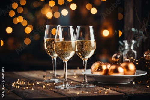 Christmas and New Year celebration with champagne, Festive New Year champagne and silver baubles.