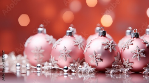 Christmas holidays composition with pink christmas Ball decorations on pink background with copy space.