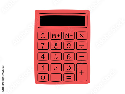 Hand drawn cute illustration of school calculator. Flat vector college computing device in colored doodle style. Education or study sticker, icon. Back to school. Isolated on white background.