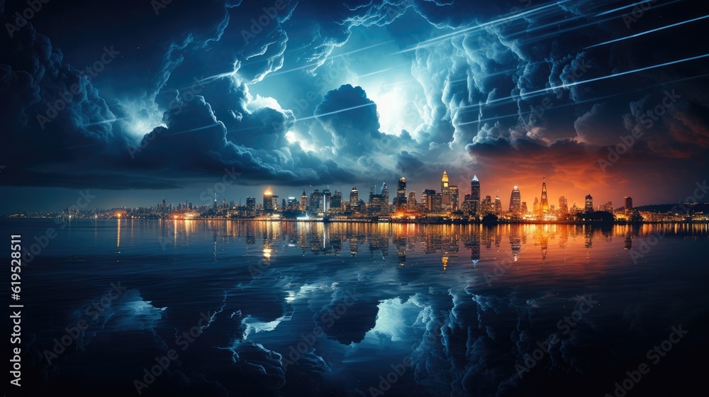 Lightning storm over the city, Concept on topic weather, Hurricane, Storm.