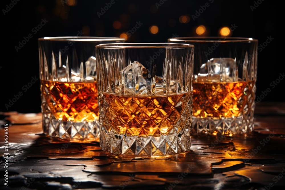 Glass of whisky with ice on wooden table.