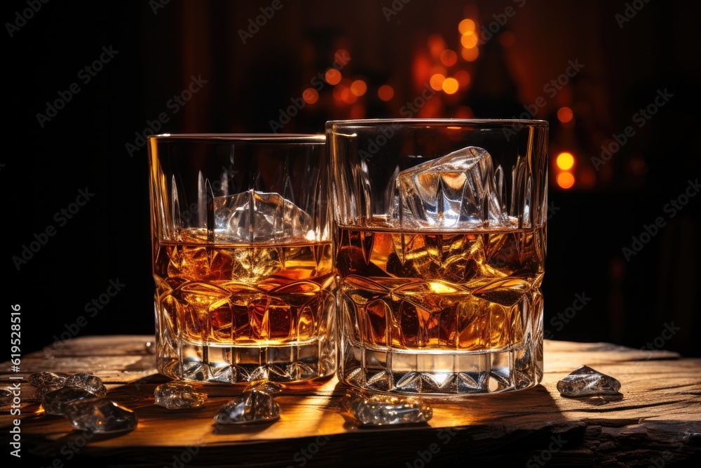 Glass of whisky with ice on wooden table. Glass of whisky with ice on wooden table.