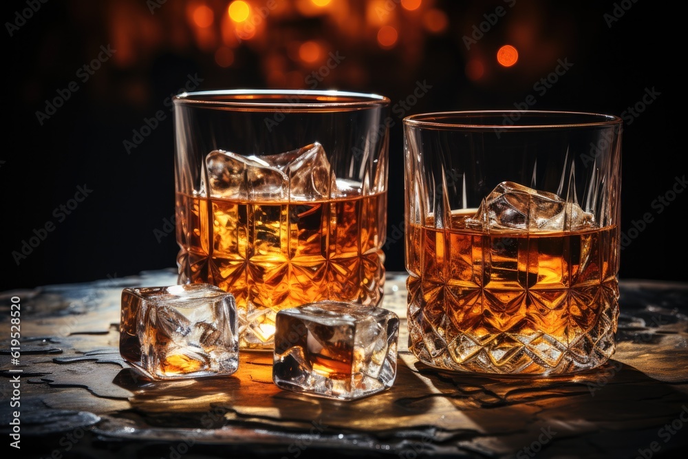 Whiskey with ice in glasses and bottle on dark background. Whiskey with ice in glasses and bottle on dark background.