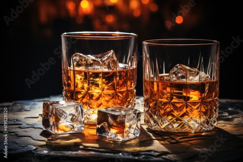 Whiskey with ice in glasses and bottle on dark background.
