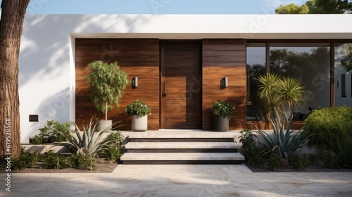 Modern house front solid wood door, Entrance in a modern luxury villa interior.