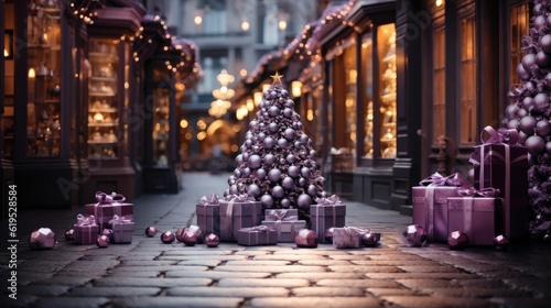 Merry Christmas  Modern purple christmas tree with ornaments and lights in store front or building facade  Christmas festive street decor for winter holidays.