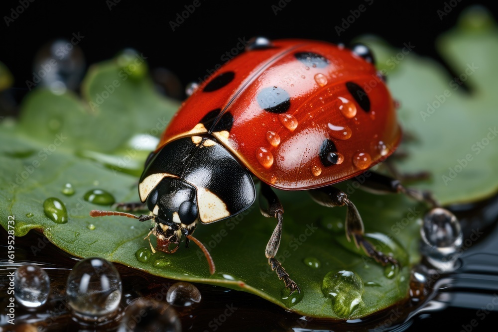 Obraz premium Red Ladybug Resting on a Green Leaf.