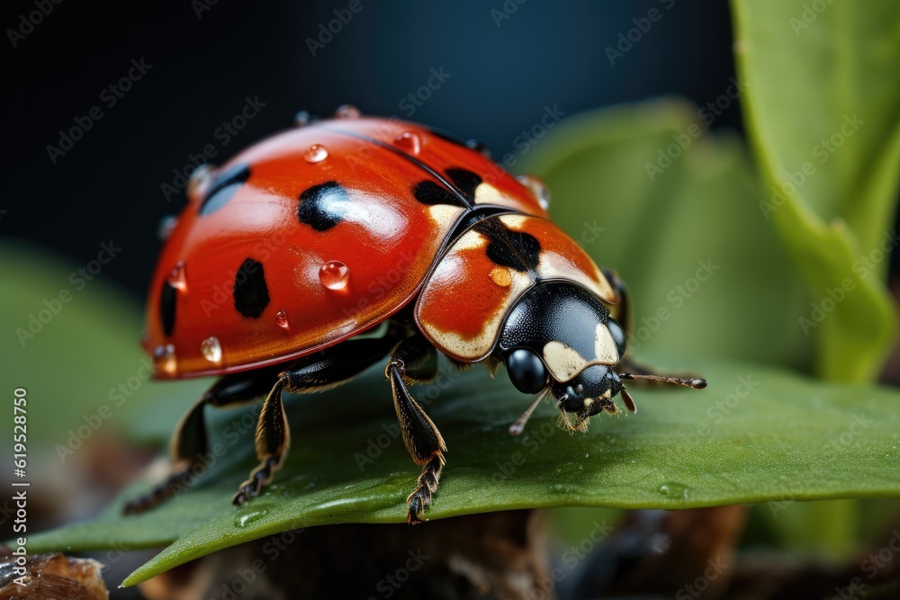 Naklejka premium Red Ladybug Resting on a Green Leaf.