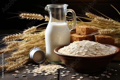 Oat flakes and flour in bowls, Oatmeal milk in a glass jug and ripe oaten stalks against a wooden board. photo
