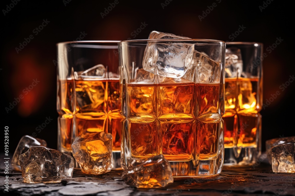 Whiskey with ice in glasses and bottle on dark background.
