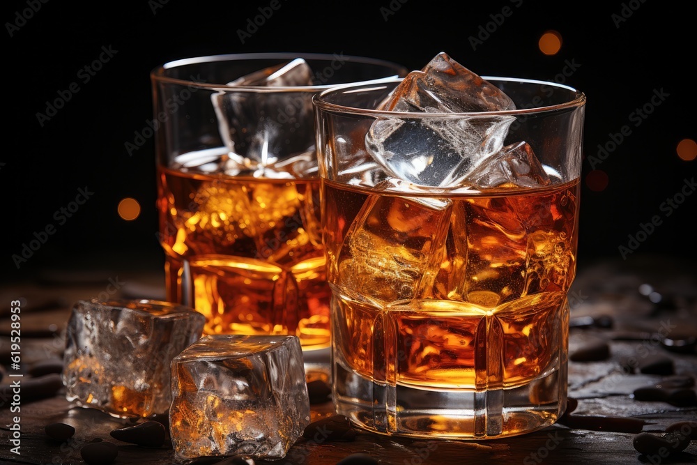 Whiskey with ice in glasses and bottle on dark background. Whiskey with ice in glasses and bottle on dark background.