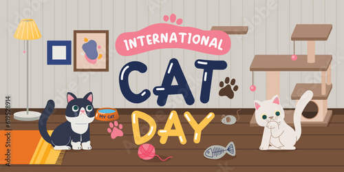 Two Cats Enjoying Playtime in a Cat Room with Toys and a Tower, Vector, Illustration