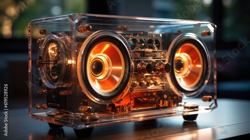 High-end stereo system, Luxury speakers, acrylic case, stereo audio.
