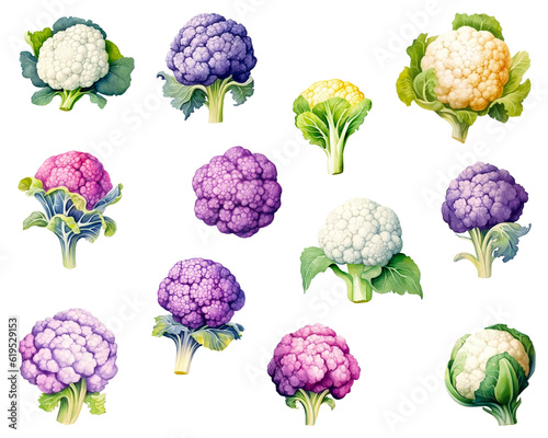 Watercolor Cauliflower colorful set isolated on white background. PNG transparent background. AI Generative.