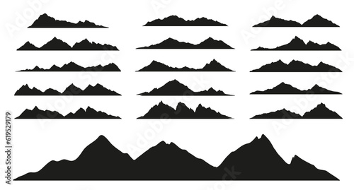 Mountain range black silhouettes of rocky landscape shapes  vector hills and rock peak icons. Mountain rocks or canyon mount range silhouette for hiking  camping tourism or climbing sport and travel