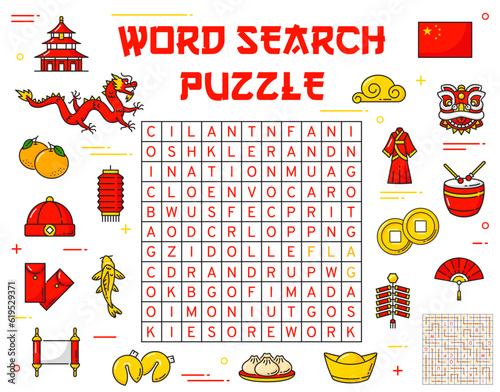 Chinese holidays items. Word search puzzle game worksheet. Intellectual riddle, quiz or puzzle with words find task. Vocabulary game vector page with Chinese culture symbols, clothing items and meals
