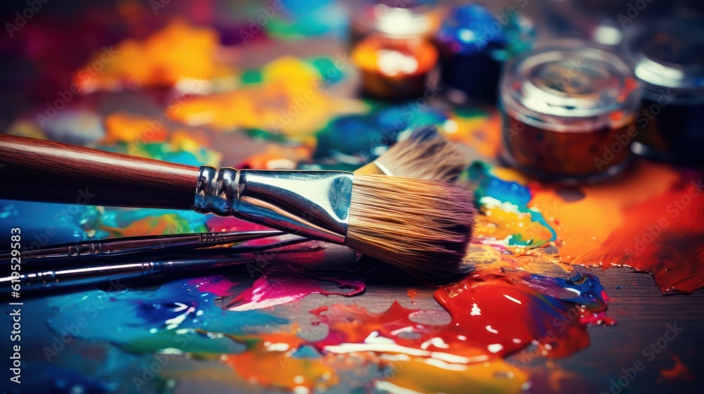 Fototapeta premium Paint brushes and palette of colors on color background