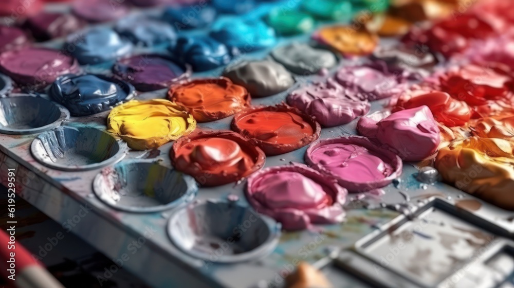 Close-up of a palette with watercolors in different colors Close-up of a palette with watercolors in different colors