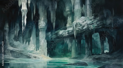 Enigmatic caves beckon with a mysterious allure. Their dark recesses adorned with stalactites that sparkle like nature's chandeliers. Watercolor Painting. Generative AI
